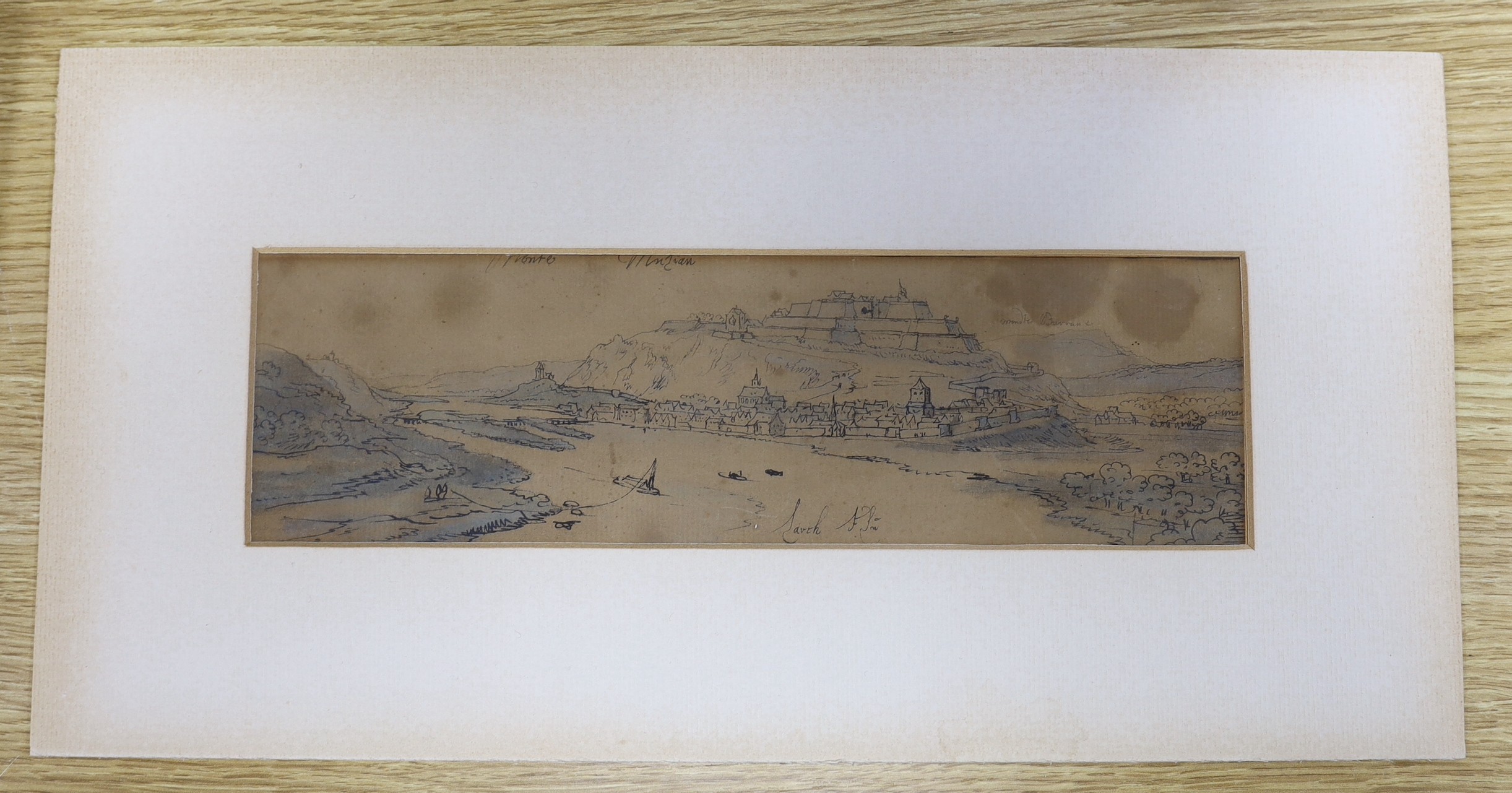 19th century Continental School, ink and wash on paper, View of a riverside town, inscribed 'Lauth', 9 x 30cm, unframed